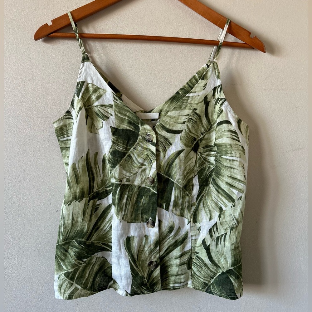 H&M Monstera Leaf Print Button Front Spaghetti Strap 100% Linen Blouse!